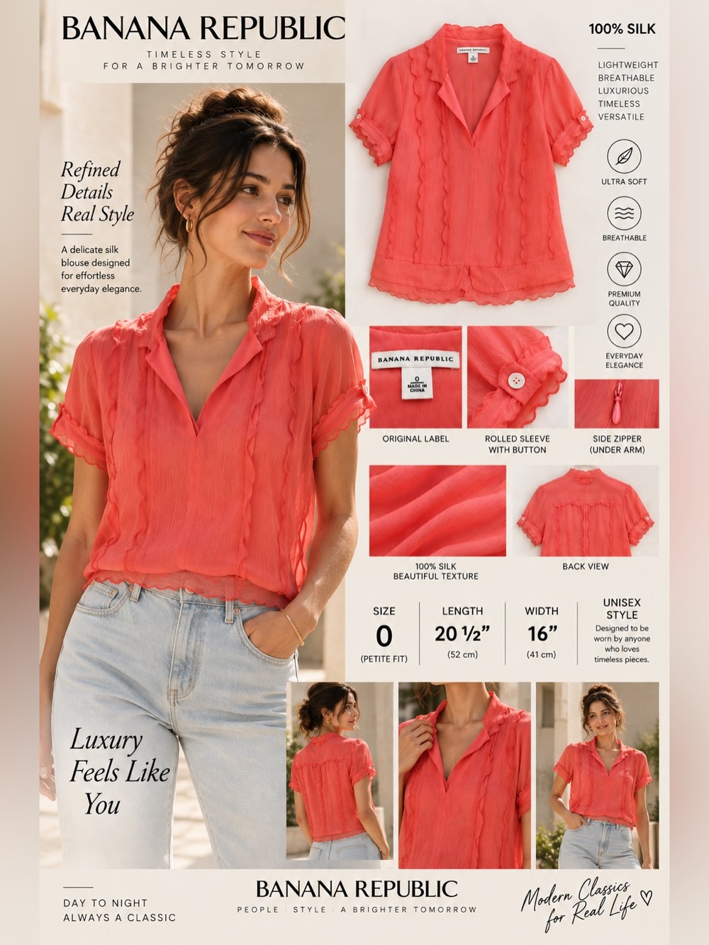 Banana Republic 100% Silk Coral Ruffle V-Neck Short Sleeve Blouse Size 0